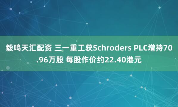 毅鸣天汇配资 三一重工获Schroders PLC增持70.96万股 每股作价约22.40港元